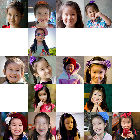 Photo collage of Violet in the shape of the Chinese character for five.