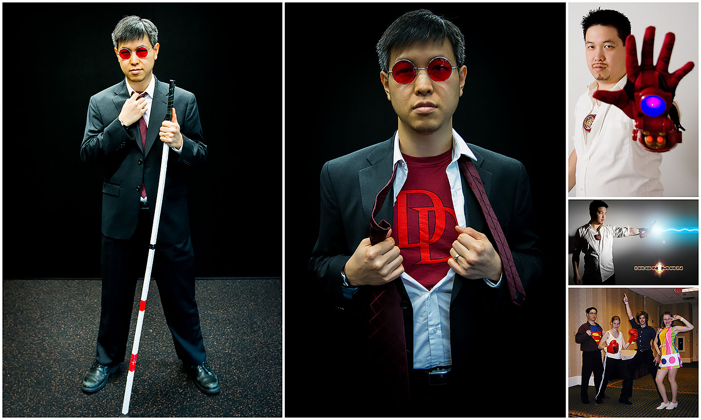 Collage of my superhero alter-ego costumes: Matt Murdock (Daredevil), Tony Stark (Iron Man), and Clark Kent (Superman)